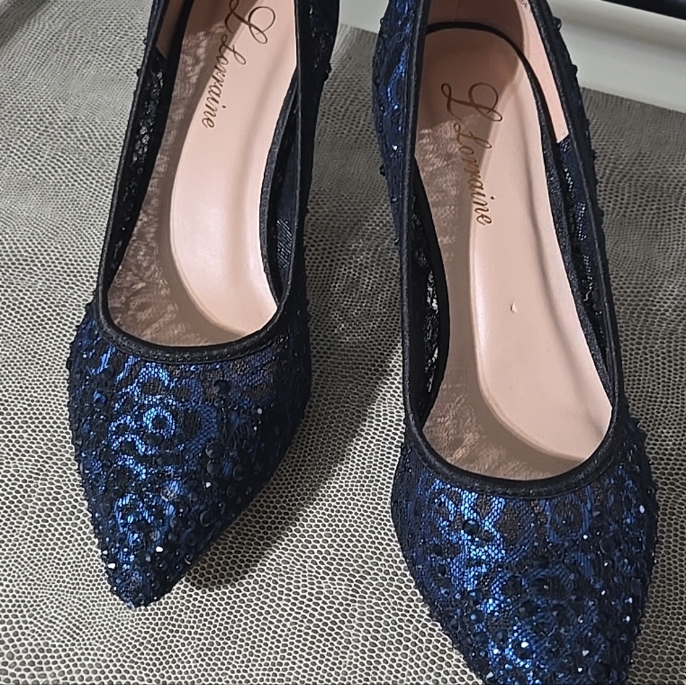 L Lorraine Navy And Black Sequin Lace Pointed-Toe Heels - Picture 8 of 13